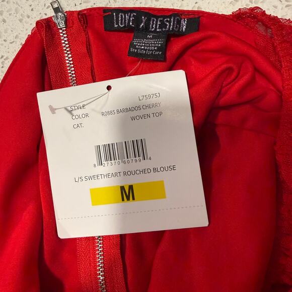 Love x Design Red Sweetheart Ruched Long Sheer Sleeves Top M Valentines Romantic - Picture 9 of 9